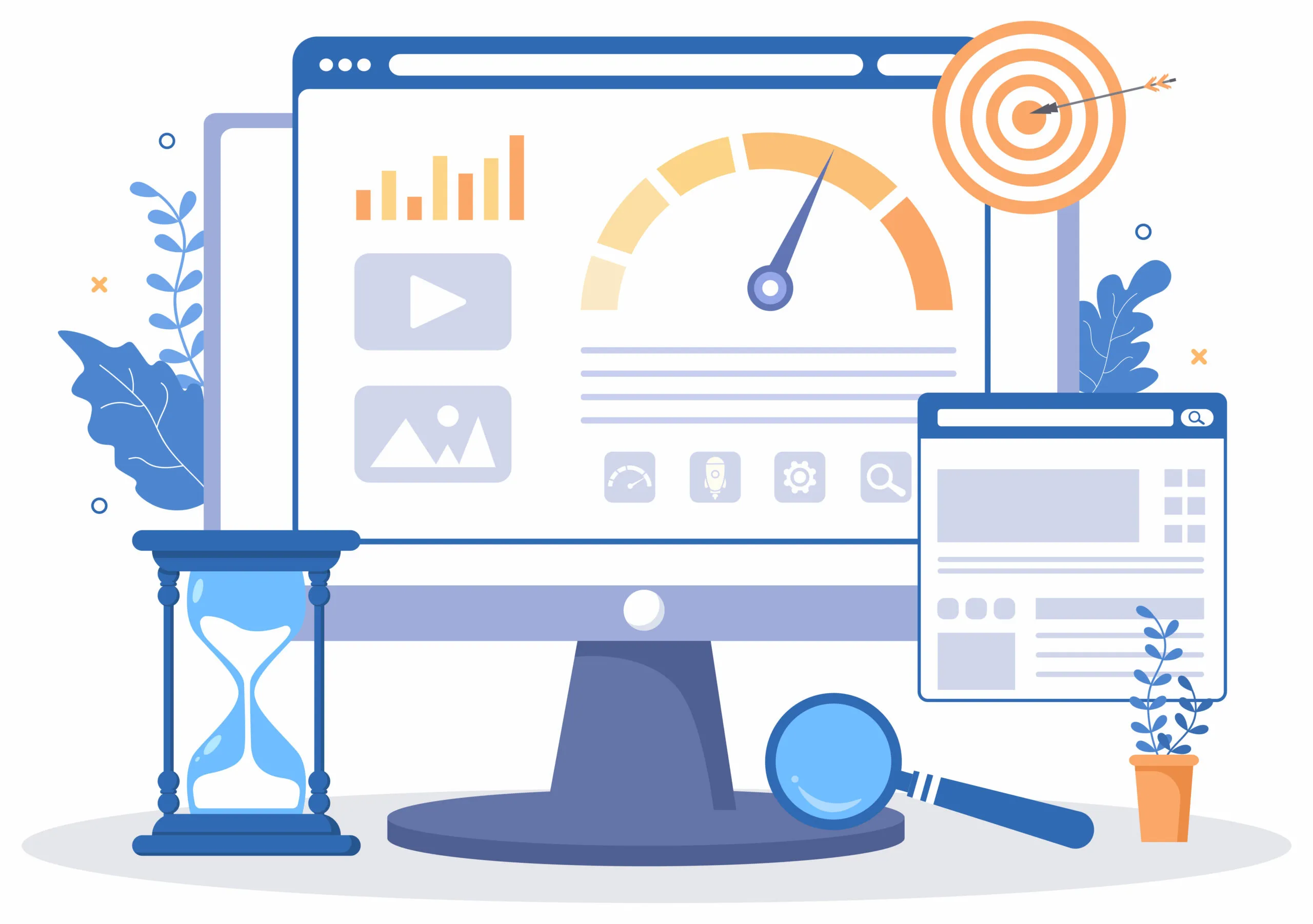 Website Loading Speed Optimization With Server, Web Programming, Mobile App Development, and Page Software. Background Vector Illustration 打造高效網站:使用WordPress的三大無敵優勢 插圖
