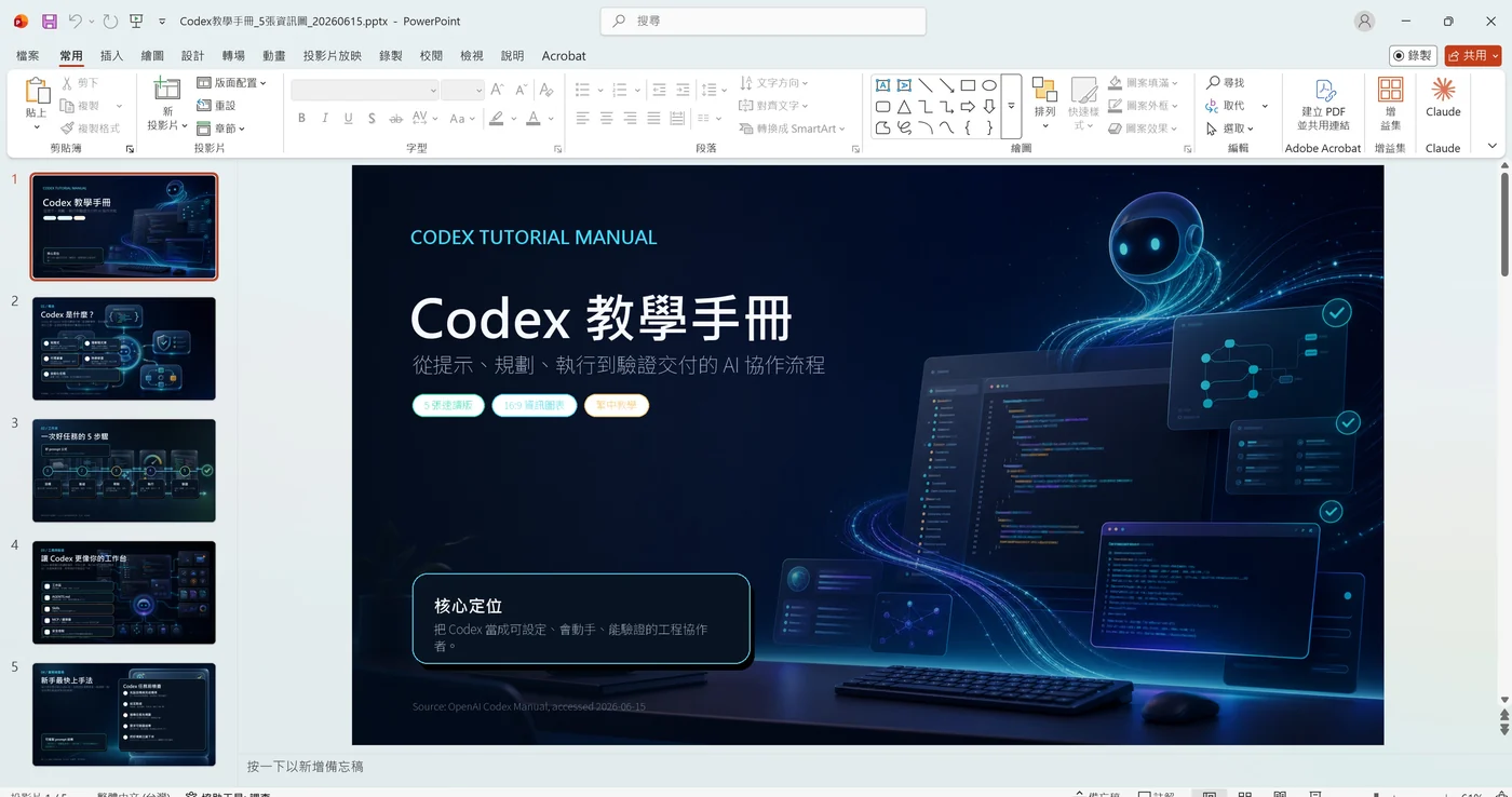 用 Codex 與 gpt-image-2 生成的 Codex 教學手冊 PPT 封面投影片，深藍科技風格