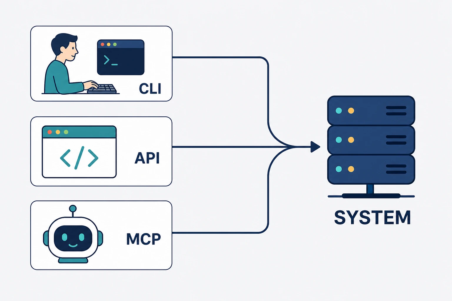 CLI、API、MCP 三種介面對照示意圖：人透過 CLI、程式透過 API、AI 代理人透過 MCP 操作同一個後端系統