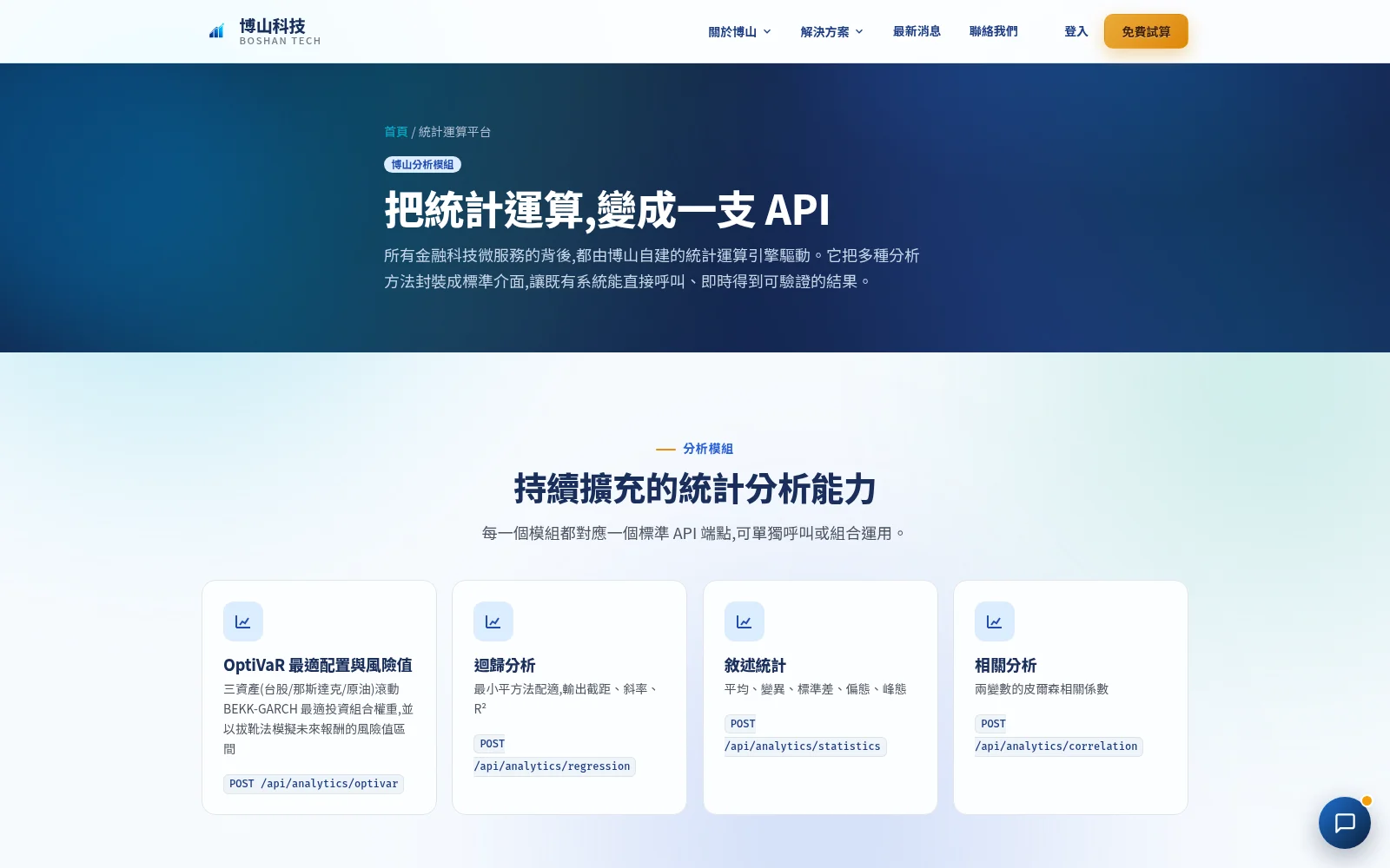 博山科技統計運算平台頁面，列出 OptiVaR 最適配置與風險值、迴歸分析、敘述統計、相關分析四個分析模組與對應的 API 端點