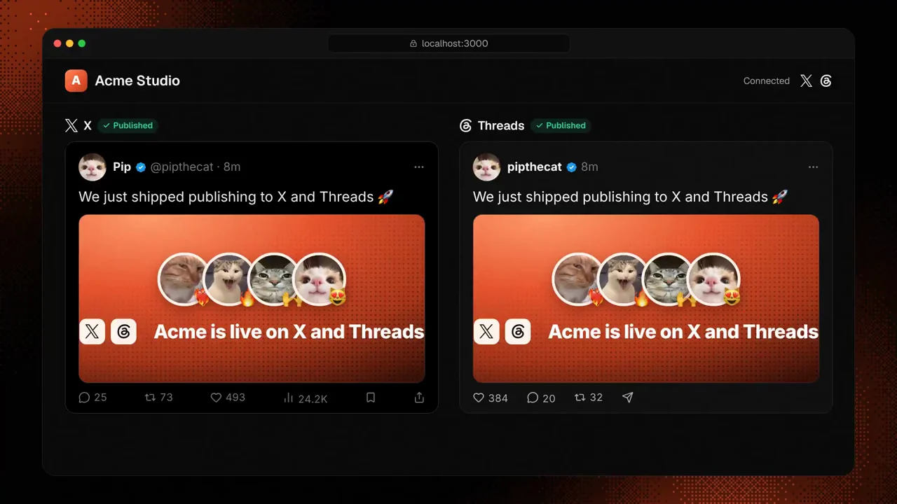 Social SDK 發表影片畫面：示範 App 同時把一則貼文發到 X 與 Threads 並顯示已發布