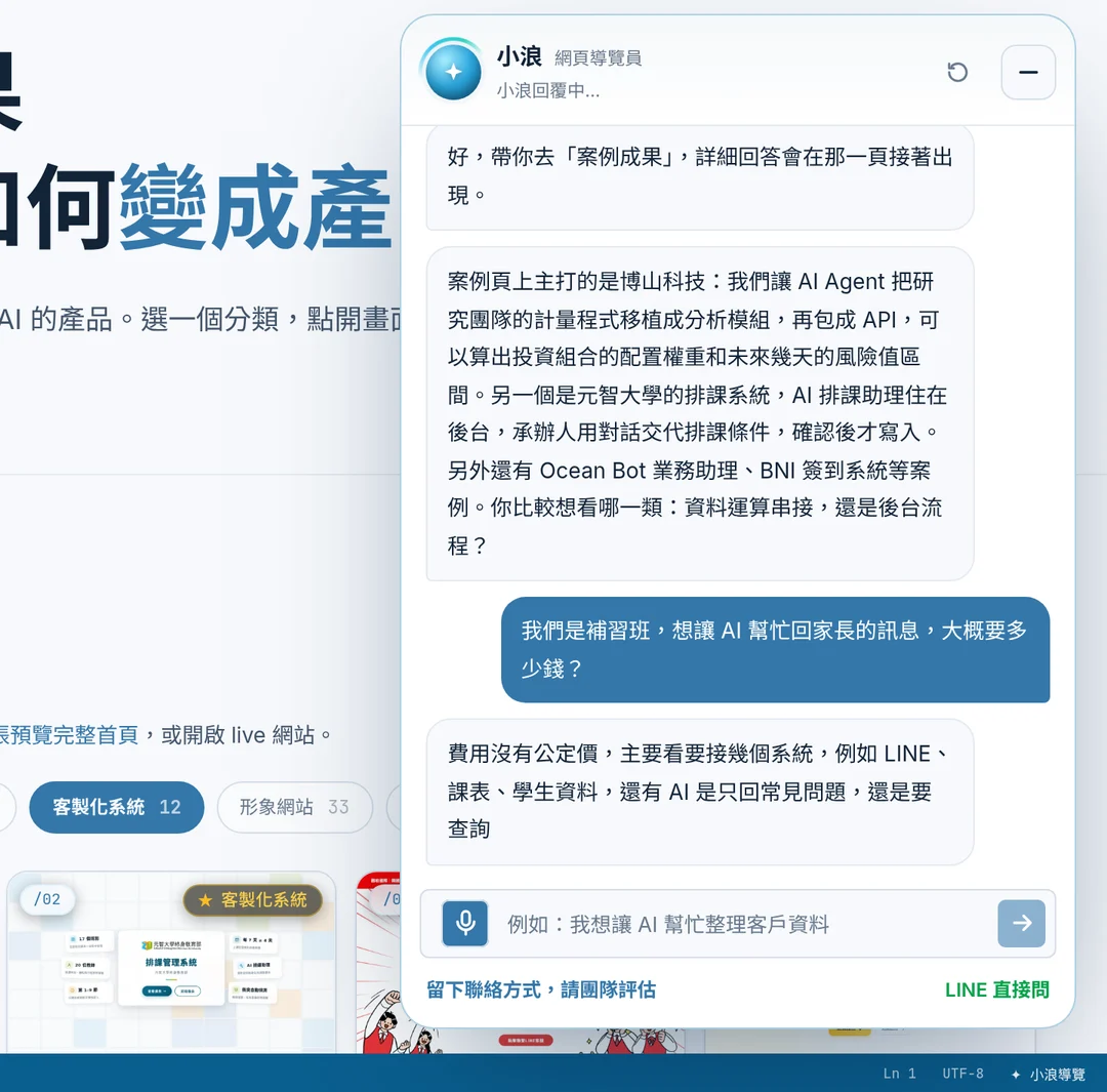 小浪對話面板，上方是帶路到案例頁的紀錄與案例介紹，下方是訪客詢問補習班導入 AI 的費用，小浪的回答正在一個字一個字出現