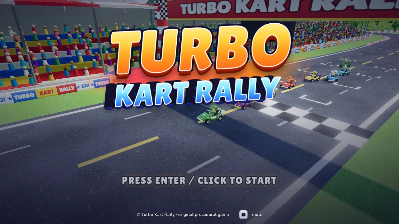 Turbo Kart Rally 標題畫面，背後是即時運算的卡丁車起跑線與觀眾看台