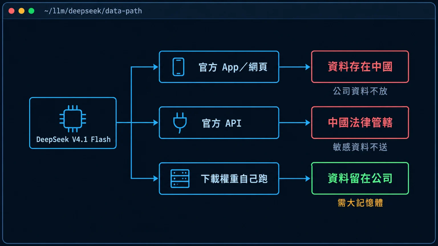 DeepSeek V4.1 Flash 三種使用方式的資料流向：官方 App 與網頁資料存在中國、官方 API 適用中國法律、下載權重自己跑資料留在公司但需要大記憶體