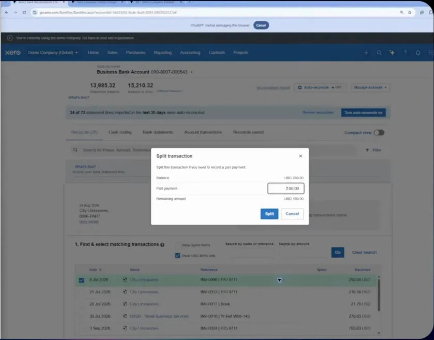 Astra 接手已登入的 Chrome 在 Xero 示範公司帳上對帳，畫面上方可見 ChatGPT 正在偵錯此瀏覽器的提示