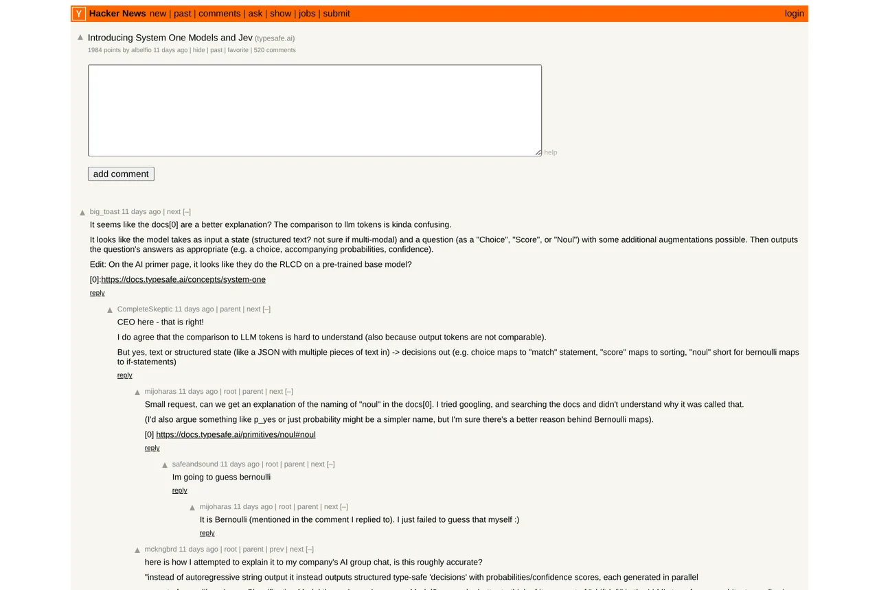 Hacker News 上 Introducing System One Models and Jev 的討論串頁面，顯示 1,984 分與數百則留言