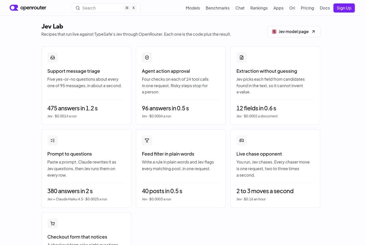 OpenRouter Jev Lab 頁面，列出客服訊息分類、AI 動作審核、資料擷取、動態過濾、追逐遊戲對手等範例，每個範例標示答案數量、秒數與花費
