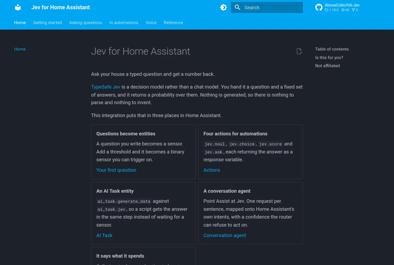 Jev for Home Assistant 說明網站，介紹問題可以變成感測器、四種自動化動作、AI 任務與對話助理